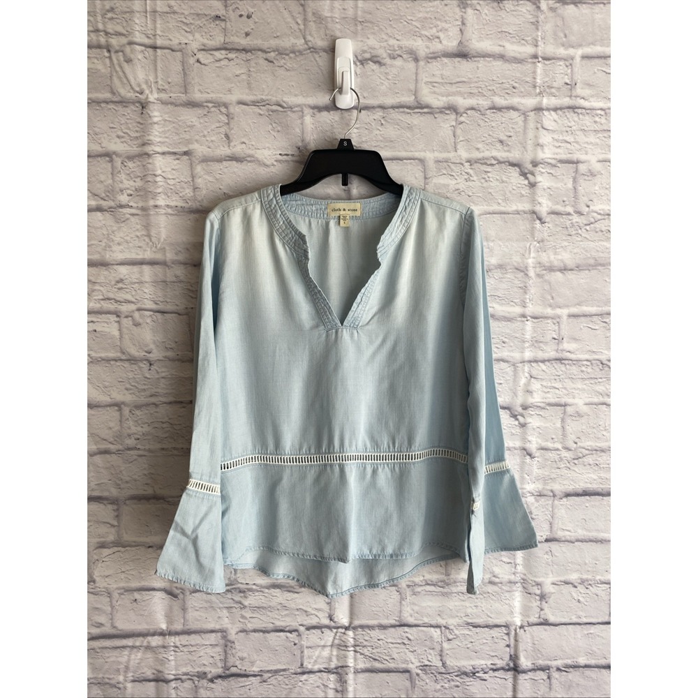Cloth & Stone Boho Coastal Split Neck Chambray Lyocell Bell Sleeve Blouse Small